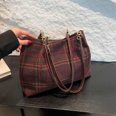 Wollen Ruit Okseltas voor Dames Nieuwe Grote Capaciteit Tote Bag Modieuze Commuter Retro Schoudertas brown