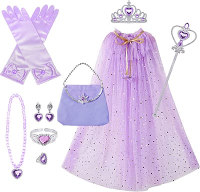Loha-party®11 stuks Princes verkleed set-verkleedcape-paars jurk-Carnaval kleeding-verjaardag cadeau-kinder cadeau kit- jurk-Prinsessencape-Crown-Wand-Handschoenen-Oorbel-Ring-armband-handtas-verjaardag-feestartikelen-accessoires-11stuks