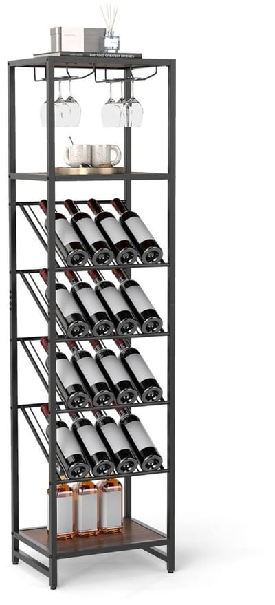 Barkast - Wijnrek - Keukentrolley - Wijnkast - Serveerwagen - 45 x 35 x 171 cm - Wijnfleshouder - Wijnglazenhouder - Zwart + Rustiek Bruin