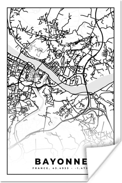Poster Plattegrond - Kaart - Bayonne - Frankrijk - Stadskaart - Zwart wit - 120x180 cm XXL