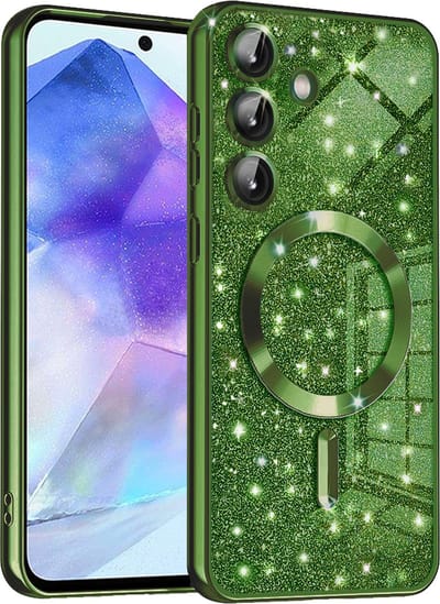 Hoesje geschikt voor Samsung Galaxy A55 - Techsuit Luxury Glitter Back Cover - Geschikt voor MagSafe - Donkergroen