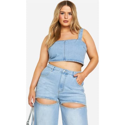 boohoo Dames Plus Diamante Trim Denim Top | Lichtblauw | Maat: 46