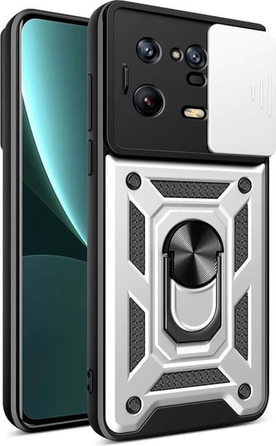 MobyDefend Hoesje - Geschikt voor Xiaomi 13 Pro - Pantsercase Met Draaibare Ring - Zilvergrijs