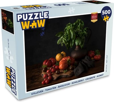 Puzzel Stilleven - Tomaten - Basilicum - Schilderij - Groente - Zwart - Legpuzzel - Puzzel 500 stukjes