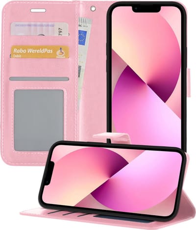 Hoesje - Met Pasjeshouder - Geschikt voor Apple iPhone 13 Mini - Luxe Bookcase Portemonee - Flip Case - Kunstleer Book Case - Flipcase - Book Cover - Walletcase - Portemonneehoes - Telefoonhoesjes - Lichtroze