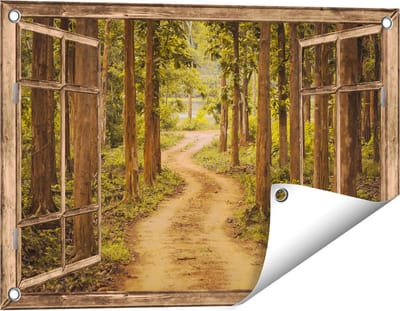 Gards Tuinposter Doorkijk Pad in het Bos met Bomen - 60x40 cm - Tuindoek - Tuindecoratie - Wanddecoratie buiten - Tuinschilderij