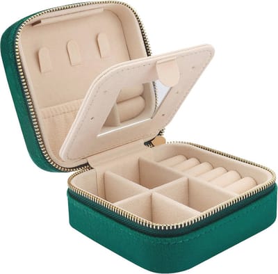 Donkergroene mini fluwelen sieradenreisdoos met spiegel - Organizer voor ringen, oorbellen, kettingen en armbanden