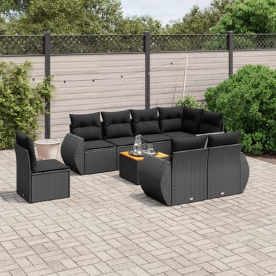 vidaXL - 9-delige - Loungeset - met - kussens - poly - rattan - zwart