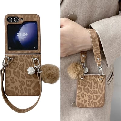 Luipaardprint Zilveren Rand Telefoonhoesje voor Samsung Galaxy Z Flip 7 6 5 4 3 PU Leer Polsband Beschermhoes Galaxy Z Flip4