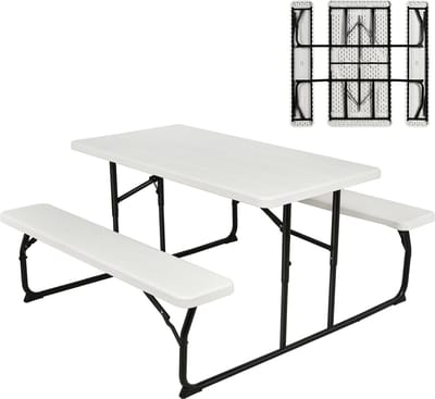 COSTWAY Inklapbare picknicktafel met banken, 136 cm, campingtafelset voor buiten, biertentgarnituur, biertafelgarnituur voor terras, tuin (wit)