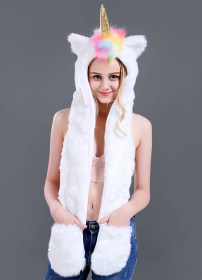 KIMU® Hood Eenhoorn Wit met Regenboog Manen - Unicorn Muts Wanten Oortjes Spirit Festival