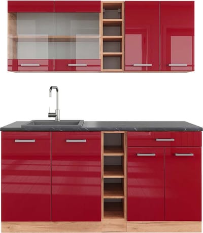 Vicco R-Line Eenpersoonskeuken – 160 cm, WB Antraciet Rood hoogglans/gouden eik
