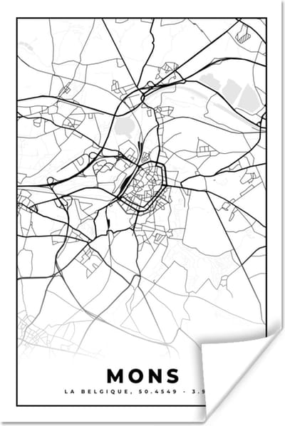 Poster Kaart – Plattegrond – Stadskaart – Mons – België – Zwart Wit - 120x180 cm XXL