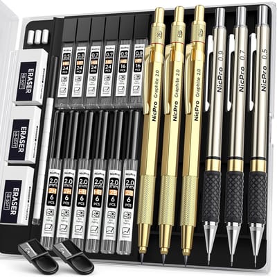 PromoHome PromoHome 6-delig mechanische potloden set met etui - 4 lijnbreedtes (0,5 mm, 0,7 mm, 0,9 mm, 2,0 mm) - Inclusief gummen, slijpers en vulstiften - Professionele tekenset voor kunstenaars, studenten en ingenieurs