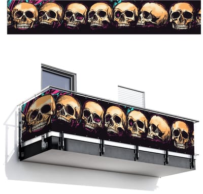 Balkonscherm 500x85 cm - Balkonposter Schedels - Graffiti - Neon - Balkon scherm decoratie - Balkonschermen - Balkondoek zonnescherm