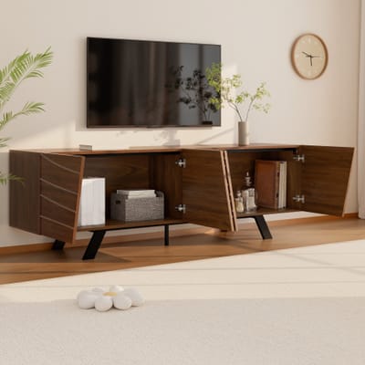 Intebiki Moderne tv-kast met golvende voorkant – laag dressoir in walnoothouten look met zwarte ijzeren poten-veel opbergruimte-kabelbeheer en legplank – tv-meubel voor woonkamer-hal 160×39×50.5 cm