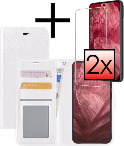 Hoesje - Met 2x Screenprotector - Geschikt voor Google Pixel 8a - Luxe Pasjeshouder - Bookcase Portemonee - Flip Case - Kunstleer Book Case - Flipcase Hoes - Book Cover - Walletcase - Portemonneehoes - Wit