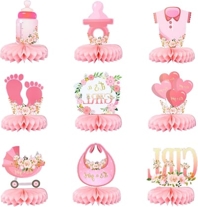 9-delige Roze Baby Shower Versieringen met Honingraat Tafeldecoraties voor Meisjes, Gender Reveal en Feestbenodigdheden