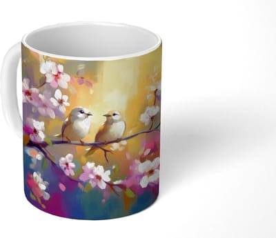 Mok - Koffiemok - Vogels - Bloemen - Roze - Mokken - 350 ML - Beker - Koffiemokken - Theemok