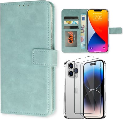 Casemania Hoesje Geschikt voor Apple iPhone 15 Licht Blauw & 2X Glazen Screenprotector- Portemonnee Book Case - Kaarthouder & Magneetlipje