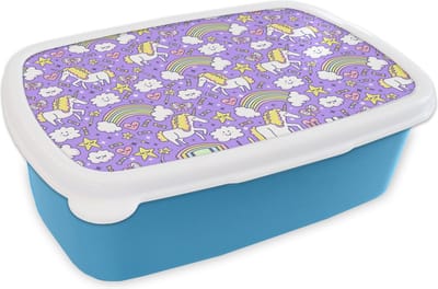Broodtrommel Blauw - Lunchbox - Brooddoos - Unicorn - Patroon - Regenboog - Kind - 18x12x6 cm - Kinderen - Jongen