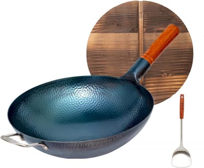Gietijzeren wokpan - Handgehamerde wok - Aziatisch koken - Fysieke antiaanbaklaag - 36 cm - Zwart