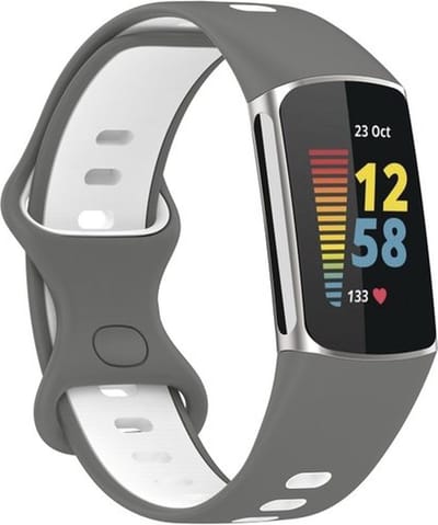 By Qubix - Compatible Fitbit bandje - Geschikt voor Fitbit Charge 5 - Fitbit Charge 6 Sportbandje met dubbele lus - Grijs / wit - Tweekleurig - Maat: L - Horlogeband - smartwatchbandje