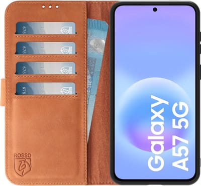 Rosso Deluxe Echt Leer Hoesje Geschikt voor Samsung Galaxy A57 | Ruimte voor drie pasjes | Portemonnee Book Case | Met Pasjeshouder | Bruin