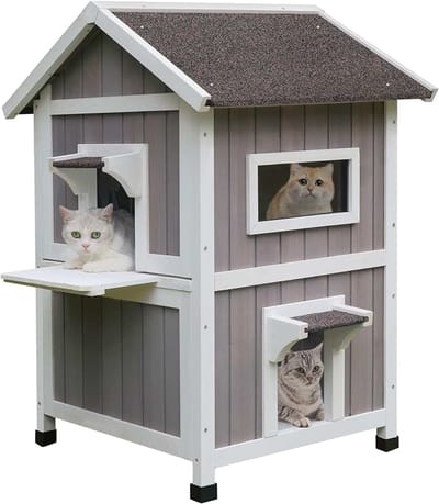 Kattenhuis voor wilde katten, weerbestendig kattenhuis van hout, 2 verdiepingen, groot kitty-huis met ontsnappingsdeur