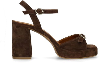 Manfield - Dames - Donkerbruine suède sandalen met hak - Maat 39