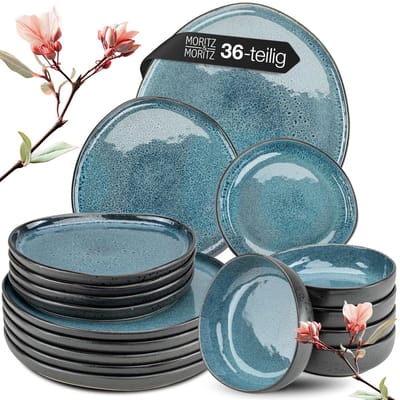 Moritz & Moritz ORGANIC Serviesset 6 Persoons - 36-delig Servies Set met Dinerbord, Dessertbord, Soepbord en Ontbijtkom - Blauw