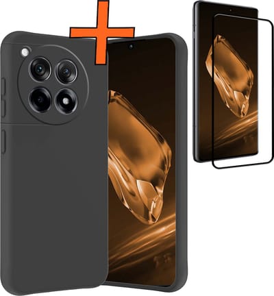 Hoes - Met Screenprotector - Geschikt voor OnePlus 12R - Sterk & Shockproof - Back Cover - Siliconen Case - Telefoon Hoes - Zwart