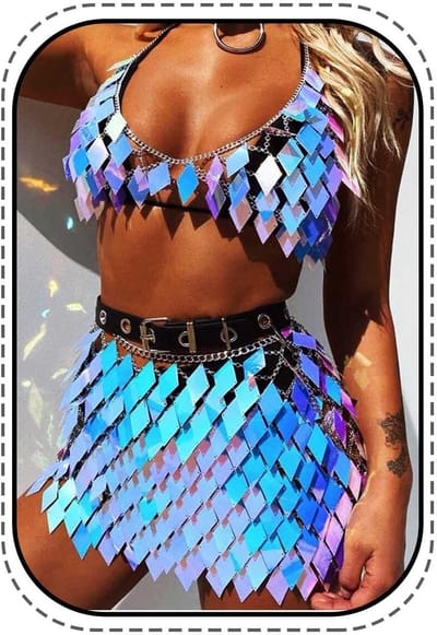 Sexy Sequins Body Chain en Tassel Bikini Outfit Set voor Feest, Strand en Clubmode voor Dames in Blauw en Goud