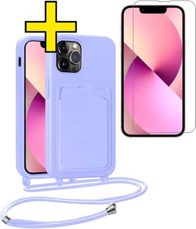 Hoesje Geschikt voor iPhone 13 Pro Telefoonhoesje Met Koord Case Pashouder Met Screenprotector Siliconen - Hoes Geschikt voor iPhone 13 Pro Hoesje Met Kaarthouder - Lila