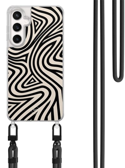 Hoesje met koord geschikt voor Samsung Galaxy S24 FE - Groovy lines - Inclusief Zwart koord - Crossbody beschermhoes - Transparant, Zwart - Mooie Telefoonhoesjes