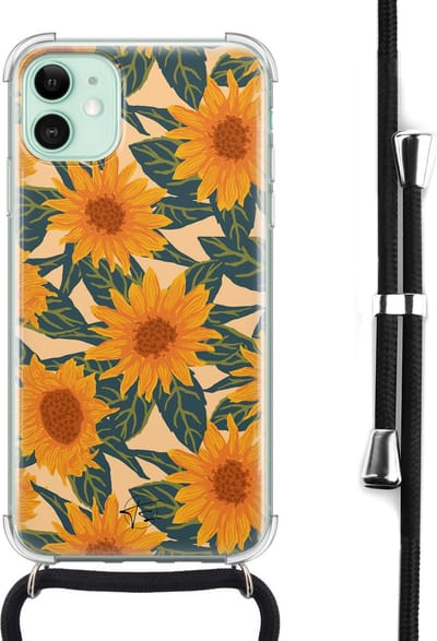 Hoesje met koord geschikt voor iPhone 11 - Zonnebloemen - Inclusief zwart koord - Crossbody beschermhoes - Transparant, Oranje - Mooie Telefoonhoesjes