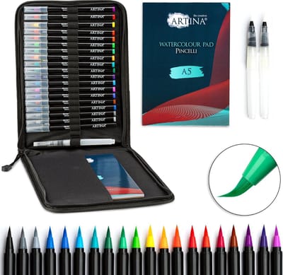 Artina Pincelli aquarelverf potloden penseel 20 kleuren met 2 aquarel penselen waterverf â€“ inclusief A5 aquarelpapier