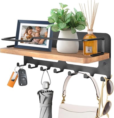Decoratief Houten Sleutelrek met Plank en 7 Haken voor Wand
