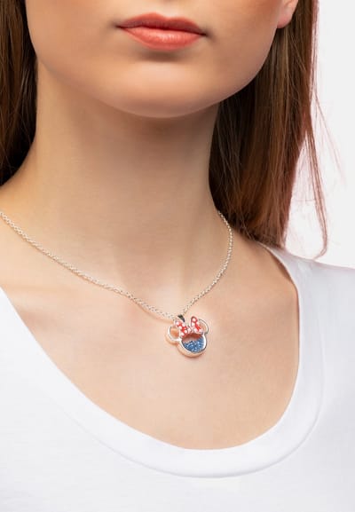 Disney Minnie Silver Plated Brass with Red enamel Bow September Birthstone Floating Stone Necklace