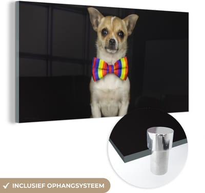 MuchoWow® Glasschilderij 40x20 cm - Schilderij acrylglas - Hond - Strik - Zwart - Foto op glas - Schilderijen