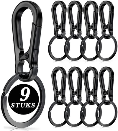 9 Stuks Zwart RVS Karabijnhaak Sleutelhangers - Musketonhaak met Sleutelringen voor Volwassenen - Mini Musketon en ringetjes - Carabijn Auto Klein Carabiner Sleutel Hanger, Houder - Karabijn haak Ringen - Carabijnhaak Keychain Karabijnsluiting