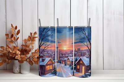 Thermosbeker Winter stad - 600 ml RVS Tumbler met Rietje - Cadeau - Schoolbeker - Antilek dop - Vaatwasserbestendig - Werkbeker - To go beker - Zomaar