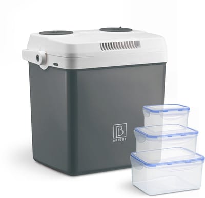 Brisby 25 Liter Elektrische Koelbox, Frigobox Deluxe met 12V, 220/230 Volt Aansluiting voor Auto en Camping – AC/DC - Coolbox - Divider en Deksel vergrendelstand - GRIJS