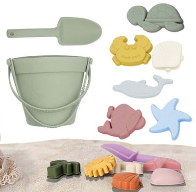 8-delige Silicone Strandspeelgoedset – Met Emmer, Schep & 6 Zandvormpjes – Zacht & Veilig BPA-vrij – Speelgoed Voor Jongens & Meisjes – Groen