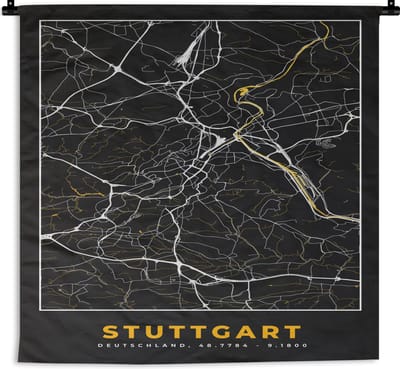 Wandkleed - Wanddoek - Stuttgart - Goud - Plattegrond - Kaart - Stadskaart - Duitsland - 180x180 cm - Wandtapijt