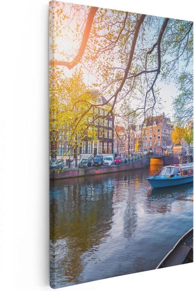 Artaza Canvas Schilderij Amsterdamse Grachten - 80x120 cm - Groot - Wanddecoratie Amsterdam - Muurdecoratie Herfst - Schilderijen Op Canvas