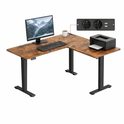 Signature Home Elektrisch Verstelbaar Bureau L-vorm 140x160 cm – Hoekbureau met Geheugenfunctie (2 standen) & Stopcontact – Zit Sta Bureau – Hoekbureau Elektrisch – Bureau Thuiswerk/Kantoor – Bruin Zwart