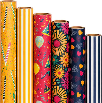 Cadeaupapier Set – Bright Celebration Collection (6 Stuks) – 200×70 cm – Geel, Rood, Donkerblauw & Multicolor – Strepen, Feesthoedjes, Bloemen & Hartjes – Inpakpapier