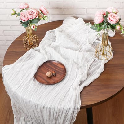 Tafelloper kaasdoek boho rustieke gaasstof groen-wit 90 x 300 cm - set van 4 - semi-transparant - saliegroen - bruidsfeest verjaardag