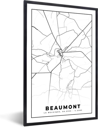 Fotolijst incl. Poster Zwart Wit- België – Beaumont – Stadskaart – Kaart – Zwart Wit – Plattegrond - 40x60 cm - Posterlijst